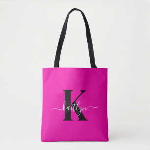 Modern Hot Pink Black Script Monogram Tote Bag