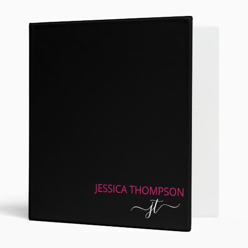 Modern Hot Pink Black Simple Script Monogram Name  3 Ring Binder