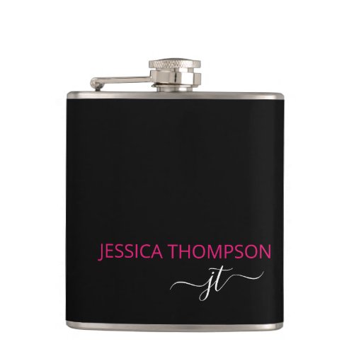 Modern Hot Pink Black Simple Script Monogram Name Flask