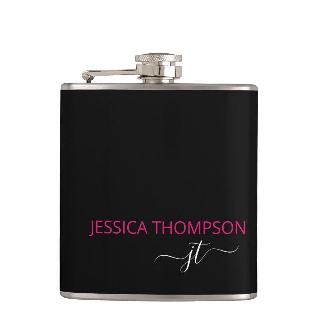 Modern Hot Pink Black Simple Script Monogram Name Flask (Front)