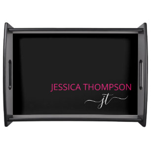Modern Hot Pink Black Simple Script Monogram Name Serving Tray