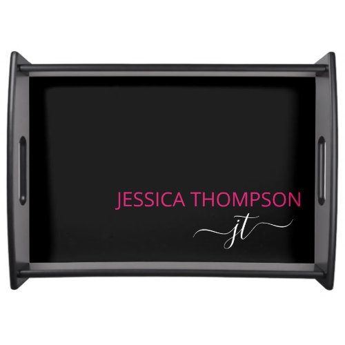 Modern Hot Pink Black Simple Script Monogram Name Serving Tray