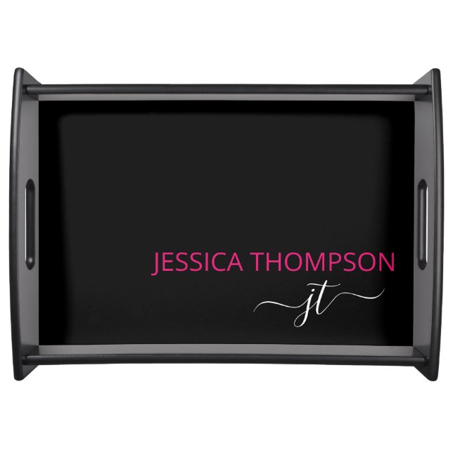 Modern Hot Pink Black Simple Script Monogram Name Serving Tray (Front)