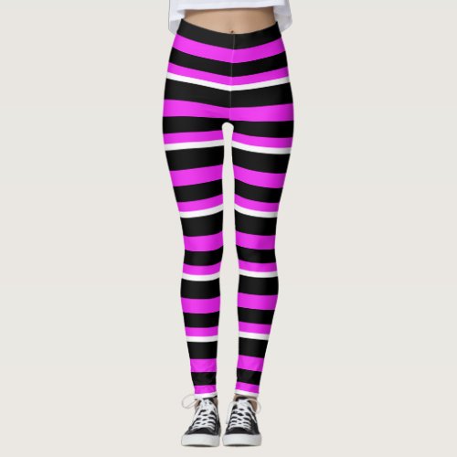 Modern hot pink black white striped leggings