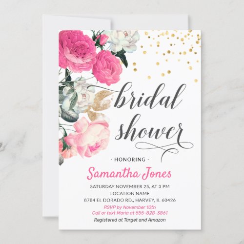Modern Hot Pink Blush Peony Roses Bridal Shower Invitation