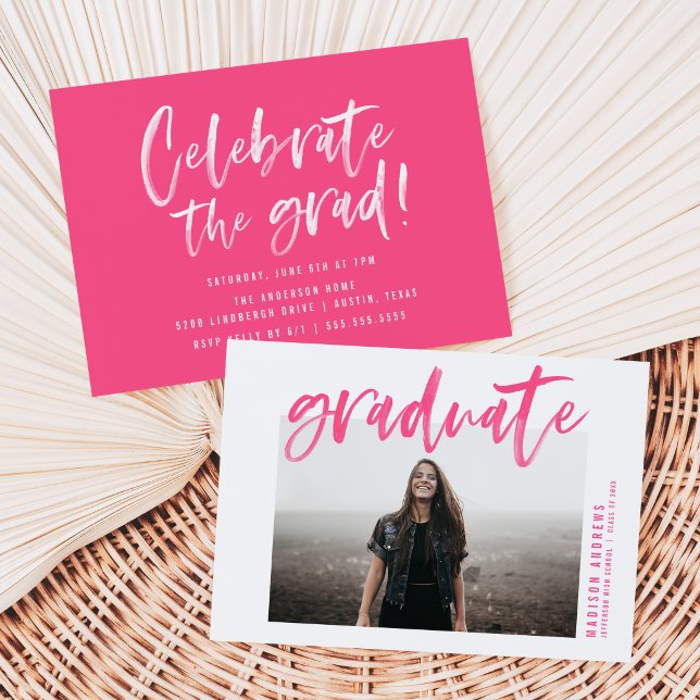 Modern Hot Pink Brushed Script Graduation Party Invitation