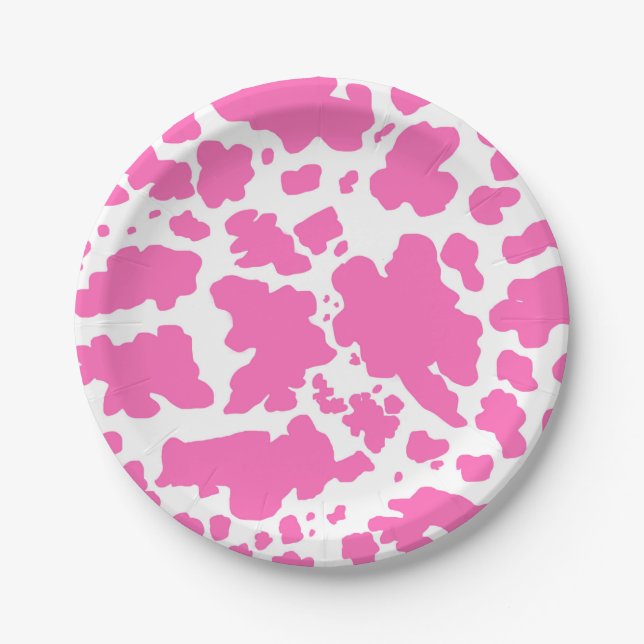 Modern Hot Pink Cow Skin Texture Animal Print  Paper Plates (Front)