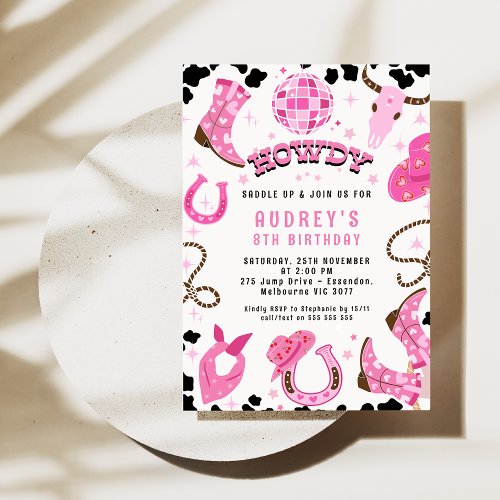 Modern Hot Pink Disco Ball Western Rodeo Birthday Invitation