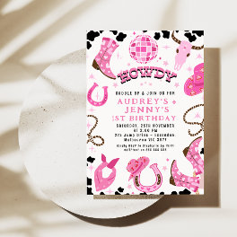 Modern Hot Pink Disco Twins Cowgirls 1st Birthday Invitation
