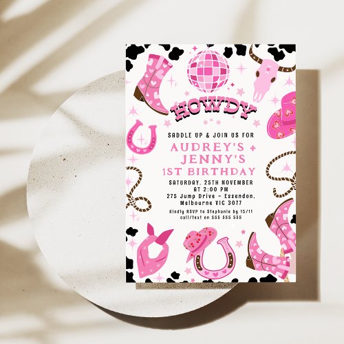 Modern Hot Pink Disco Twins Cowgirls 1st Birthday  Invitation