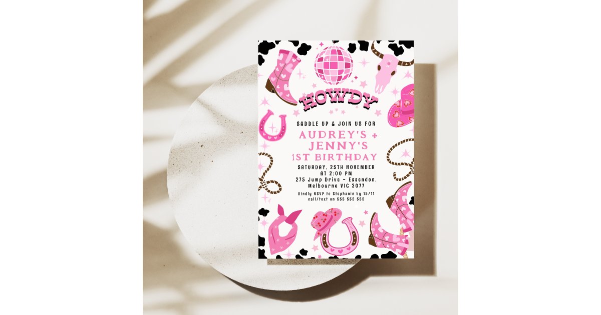 Modern Hot Pink Disco Twins Cowgirls 1st Birthday  Invitation