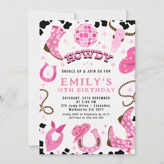 Modern Hot Pink Disco Twins Cowgirls Birthday  Invitation (Front)