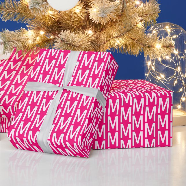 Modern hot pink fuchsia white custom monogram wrapping paper (Holidays)