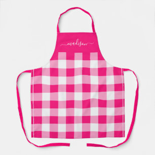 Modern hot pink gingham script name apron