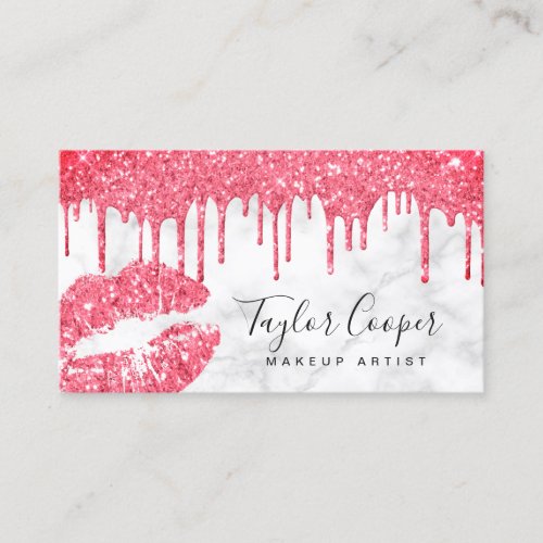 Modern hot pink glitter lips makeup artist business card