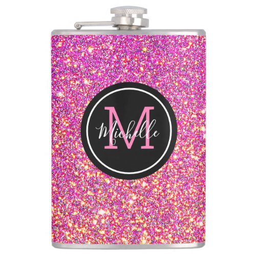 Modern Hot Pink Glitter Monogrammed Personalized Flask