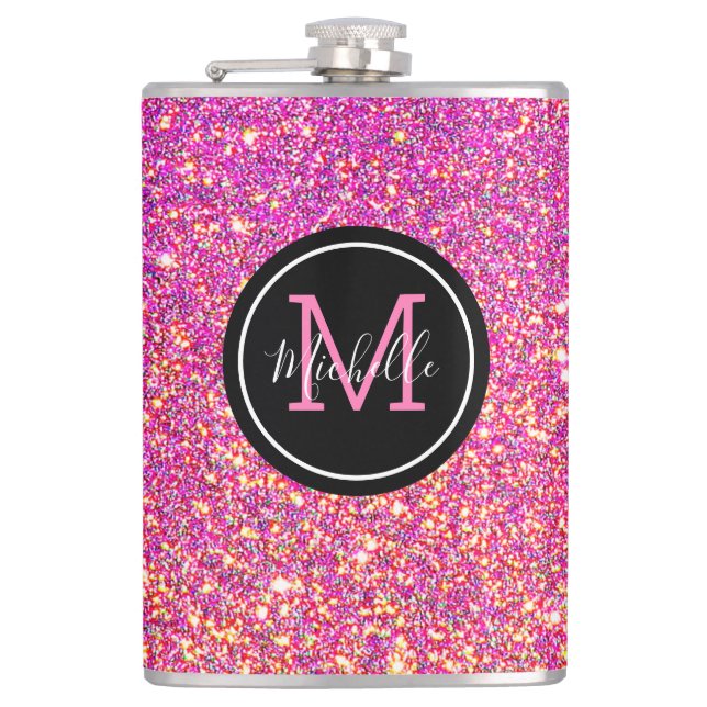 Modern Hot Pink Glitter Monogrammed Personalized Flask (Front)