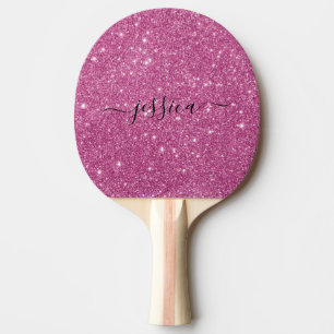 Modern hot pink glitter script name   ping pong paddle