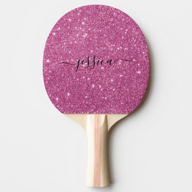 Modern hot pink glitter script name   ping pong paddle (Front)