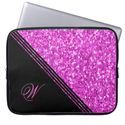 Modern Hot Pink Glitter Texture &amp; Black Laptop Sleeve