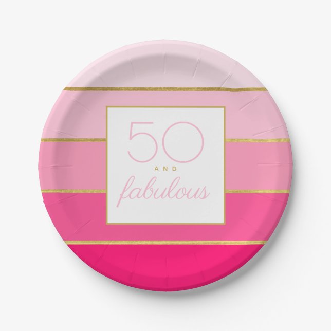 Modern Hot Pink & Gold 50 and fabulous birthday Paper Plates (Front)