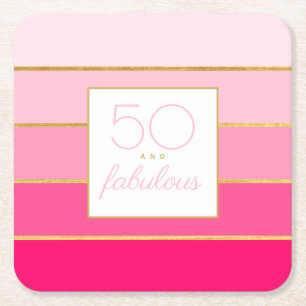 Modern Hot Pink & Gold 50 and fabulous birthday Square Paper Coaster
