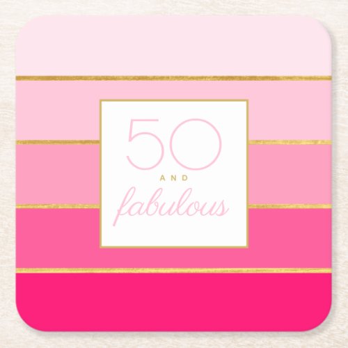 Modern Hot Pink  Gold 50 and fabulous birthday Square Paper Coaster