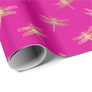 Modern Hot Pink Gold Dragonfly Pattern Wrapping Paper