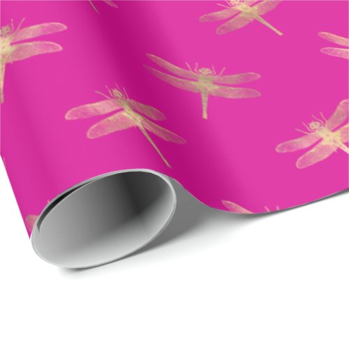 Modern Hot Pink  Gold Dragonfly Pattern  Wrapping Paper