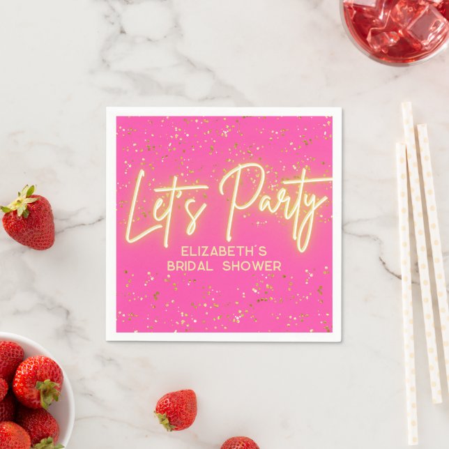 Modern Hot Pink Gold Neon Glowing Let's Party Napkins (Insitu)