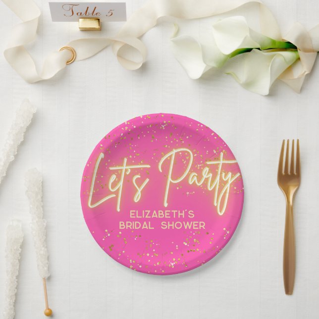 Modern Hot Pink Gold Neon Glowing Let's Party Paper Plates (Wedding)