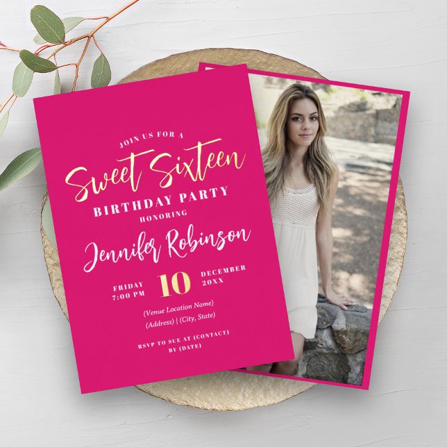 Modern Hot Pink Gold Photo Sweet 16 Sixteen  Foil Invitation (Modern Hot Pink Gold Photo Sweet 16 Sixteen Foil Invitation)