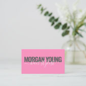 Modern hot pink hair stylist script signature business card (Standing Front)