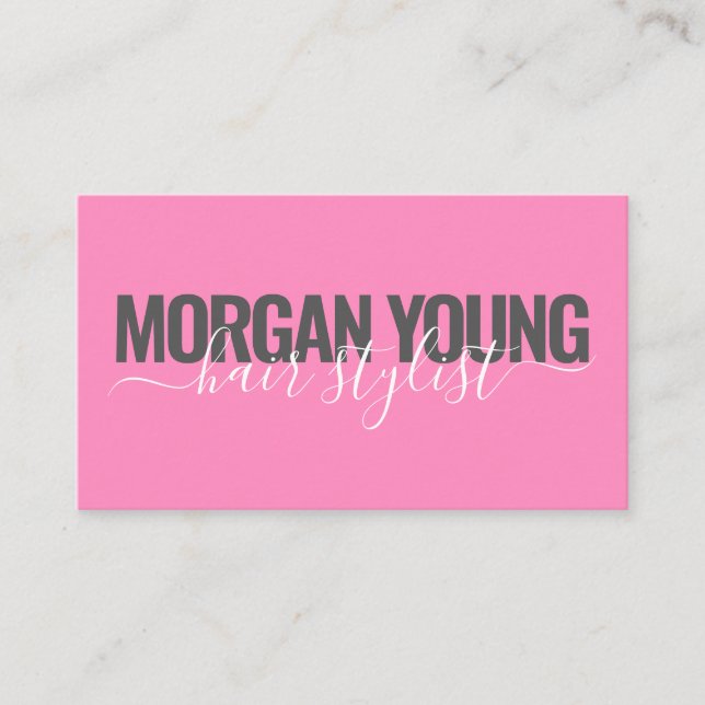 Modern hot pink hair stylist script signature business card (Front)