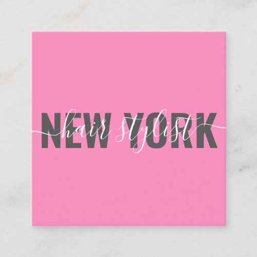 Modern hot pink hair stylist script signature square business card