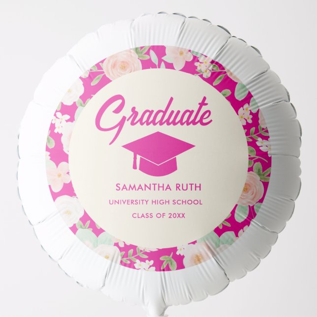 Modern Hot Pink Ivory Floral Graduation Party  Balloon (Front)