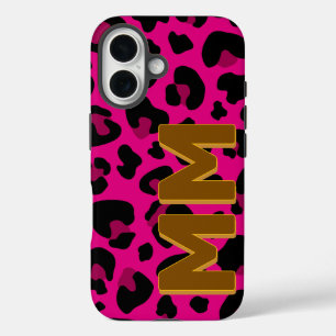 Modern Hot Pink Leopard Brown Shadow Monogram iPhone 16 Case