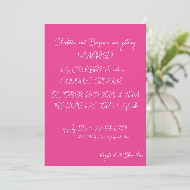 Modern Hot Pink Lettering Trendy Couples Shower Invitation (Standing Front)