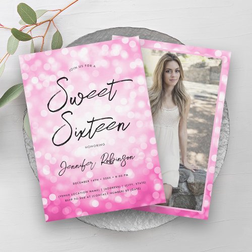 Modern Hot Pink Lights Photo Sweet 16 Party Invitation