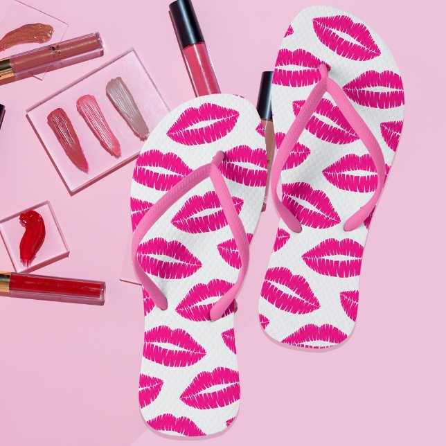 Modern Hot Pink Lipstick Kiss Lips Womens Flip Flops (Pink lipstick kisses flip flops just for you!)