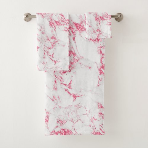 Modern Hot Pink Magenta Foil Glitter White Marble Bath Towel Set