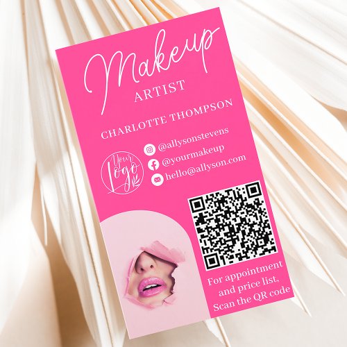 Modern hot pink makeup logo Qr code 2 photos Business Card