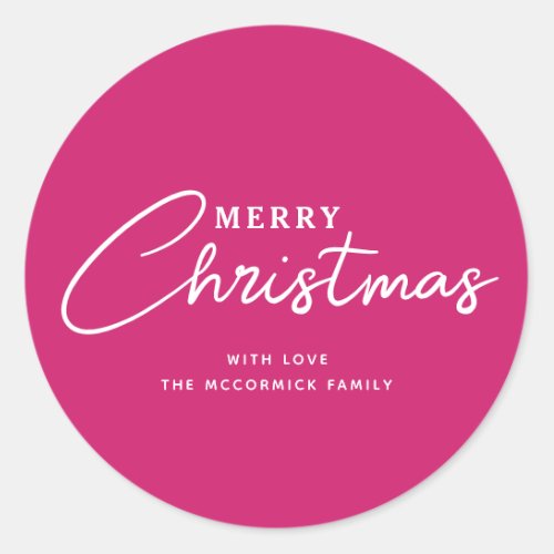 Modern Hot Pink Merry Christmas Script Typography Classic Round Sticker