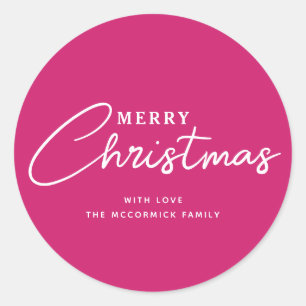 Modern Hot Pink Merry Christmas Script Typography Classic Round Sticker