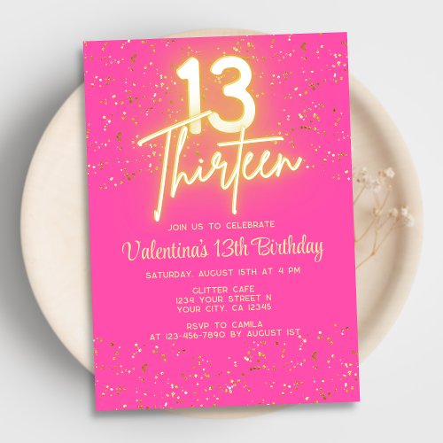 Modern Hot Pink Neon Glow Gold Glitter 13 Birthday Invitation