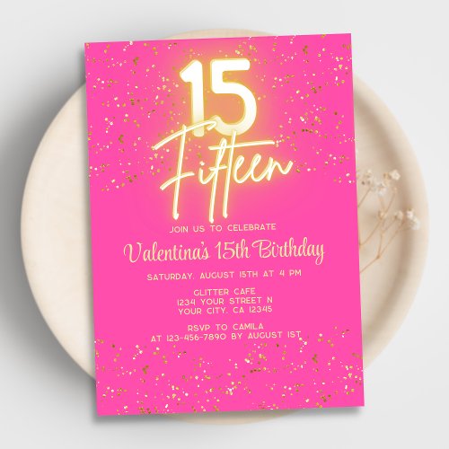 Modern Hot Pink Neon Glow Gold Glitter 15 Birthday Invitation