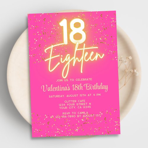 Modern Hot Pink Neon Glow Gold Glitter 18 Birthday