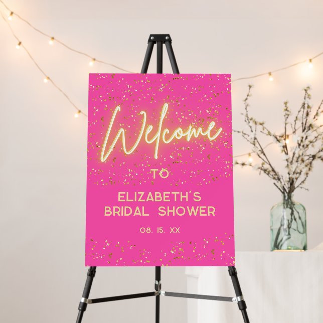 Modern Hot Pink Neon Glow Gold Glitter Welcome Foam Board (In Situ (Stand))