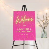 Modern Hot Pink Neon Glow Gold Glitter Welcome