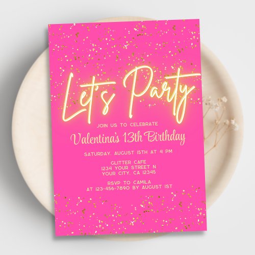 Modern Hot Pink Neon Glow Lets Party Birthday Invitation